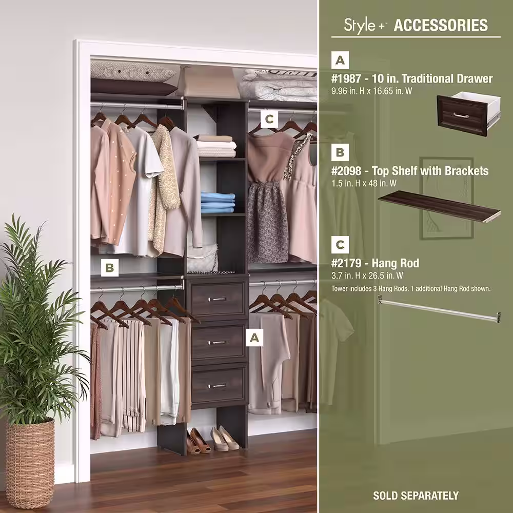 ClosetMaid Style+ 72 in. W - 113 in. W Modern Walnut Narrow Wood Closet System