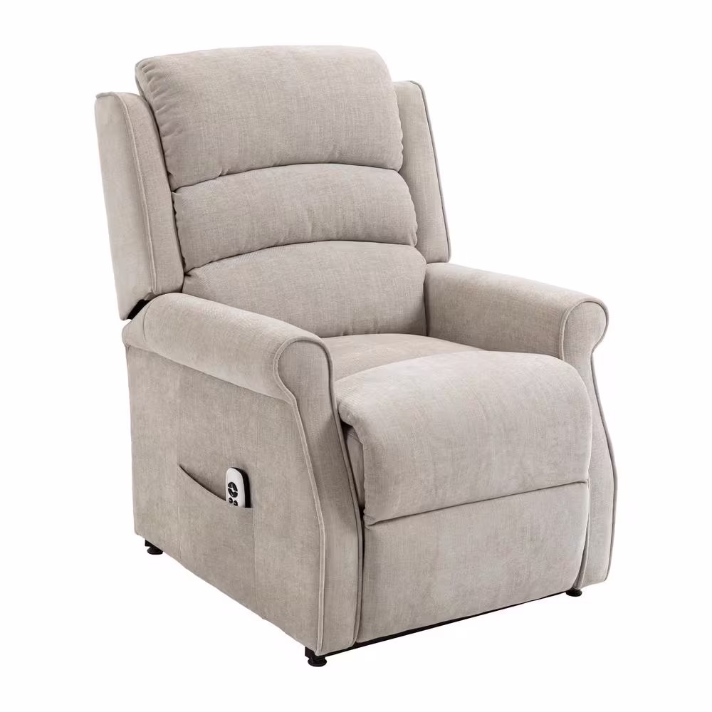 Clihome Beige Ergonomic Velvet Power Lift Recliner Chair for Elderly with Side Pocket and Remote Control