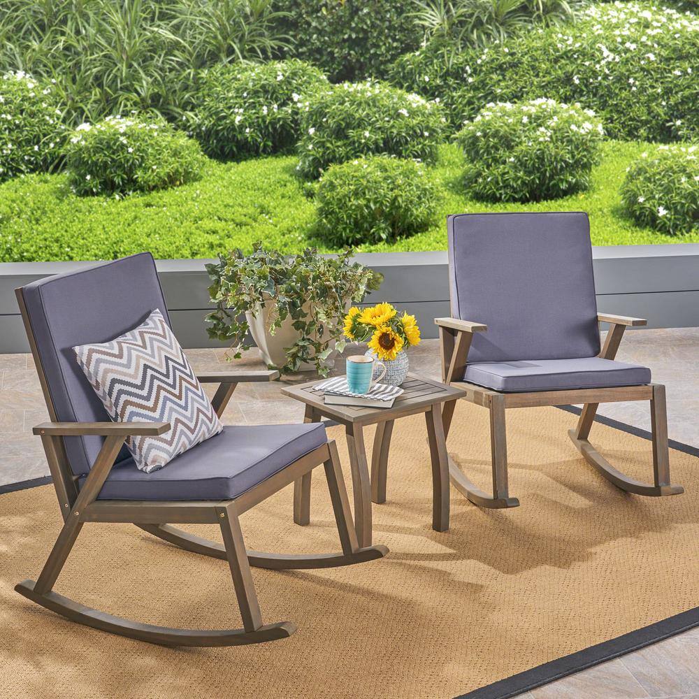 Noble House Champlain Grey 3-Piece Wood Patio Conversation Set with Dark Grey Cushions