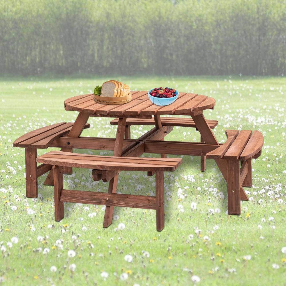 None 70.07 in. W Brown Solid Wood 8 Person Wooden Picnic Table Garden DIY w/4 Built-in Benches