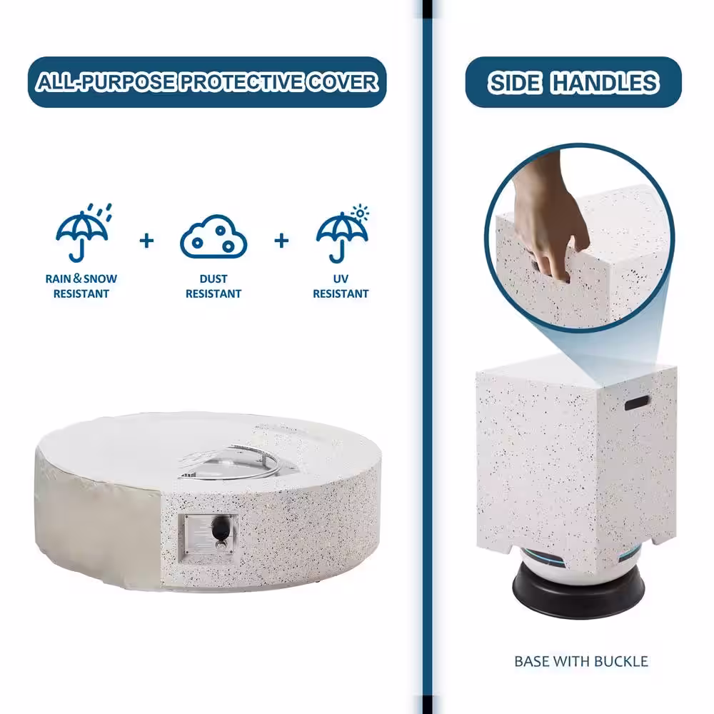 None 41 in. 50000 BTU Elegant White Round Composite GRFC Fire Pit Table with Glass Wind Guard and Water-Resistent Cover