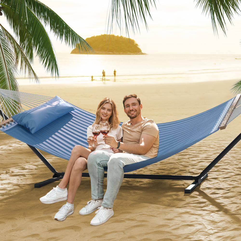 DEXTRUS 2-Person 12 ft. Free Standing Metal Hammock Stand with Detachable Pillow in Blue