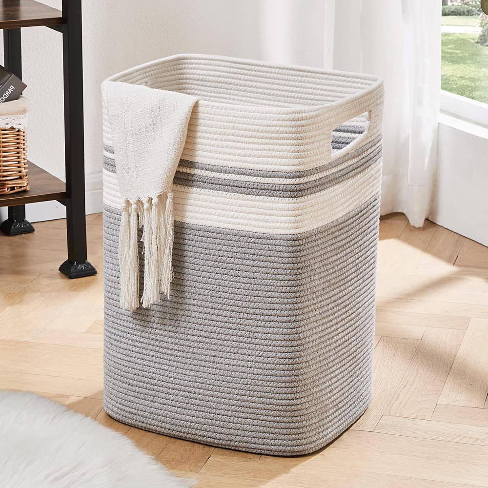 None 16 in. W x 13 in. D x 22 in. H Cotton Laundry Basket Hamper with Handles Gray