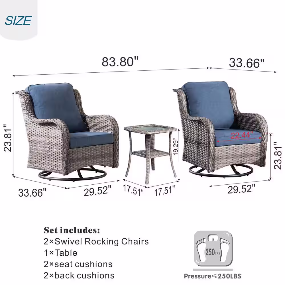 XIZZI Moonlight Gray 3-Piece Wicker Patio Conversation Seating Sofa Set with Denim Blue Cushions and Swivel Rocking Chairs