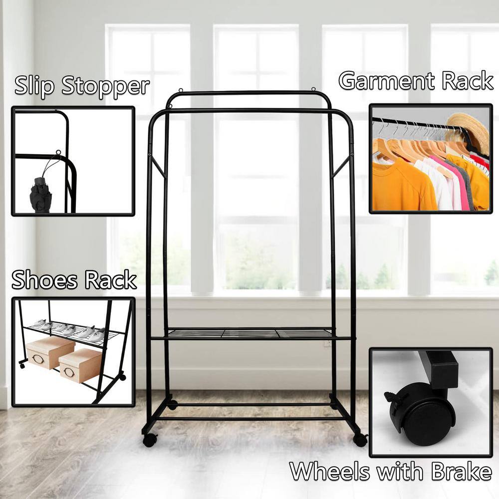 None Black Steel Garment Clothes Rack Double Rods 31.5 in. W x 62.6 in. H