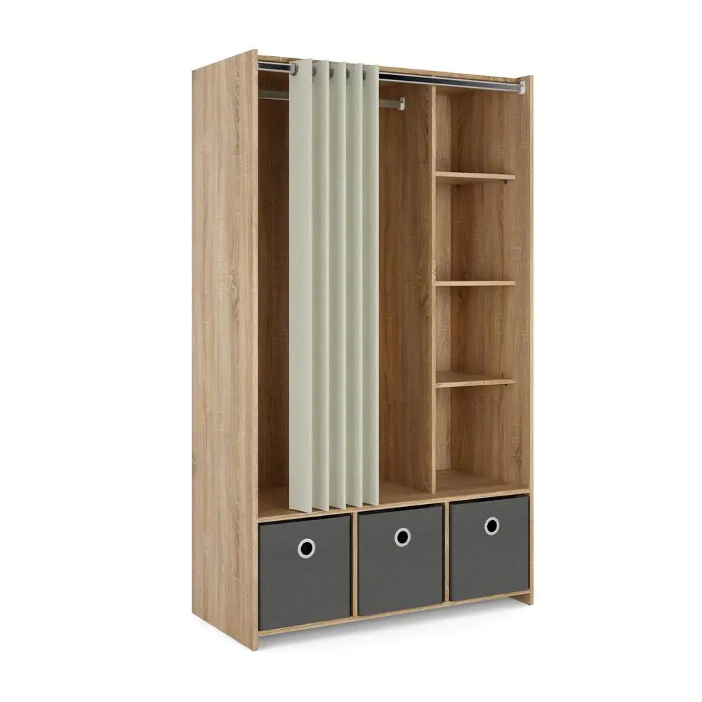Tvilum Lola Oak Structure/Natural Fabric/Grey Textile Armoire with 3-Bins and Curtain 71.02 in. H x 41.34 in. W x 19.00 in. D