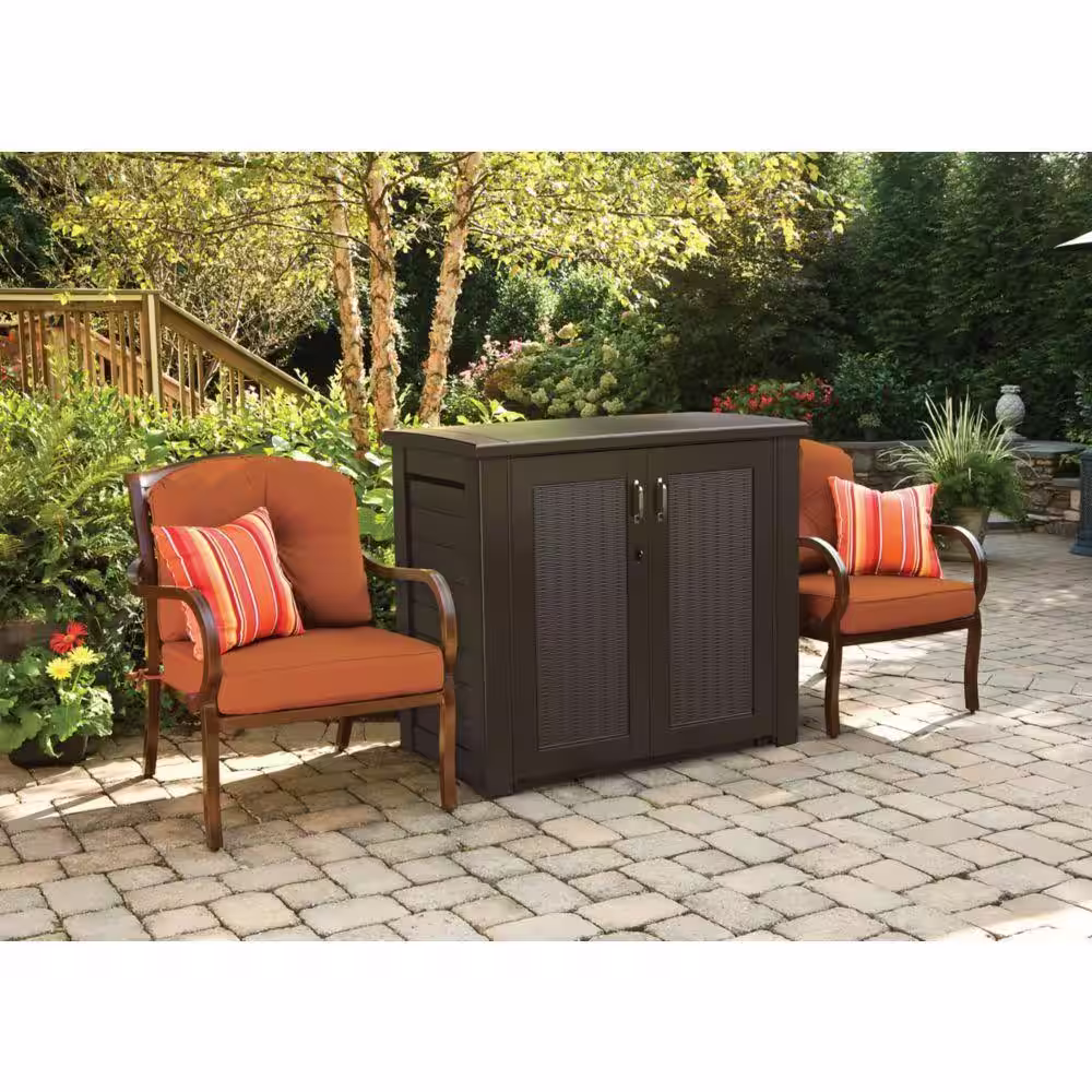 Rubbermaid Patio Chic 123 Gal. Resin Basket Weave Patio Cabinet in Brown