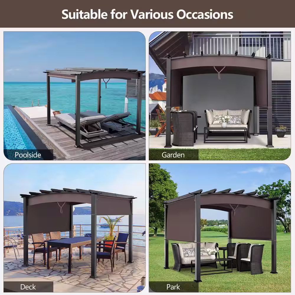 Costway 10 ft. x 10 ft. Brown Steel Patio Pergola Gazebo Sun Shade Shelter with Retractable Canopy