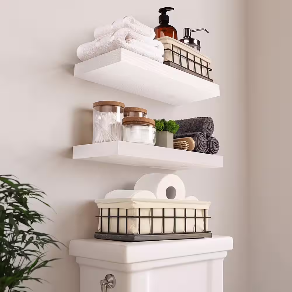None 16 in. W x 6.7 in. D White Wood Decorative Wall Shelf Floating Wood Shelves Set of 2