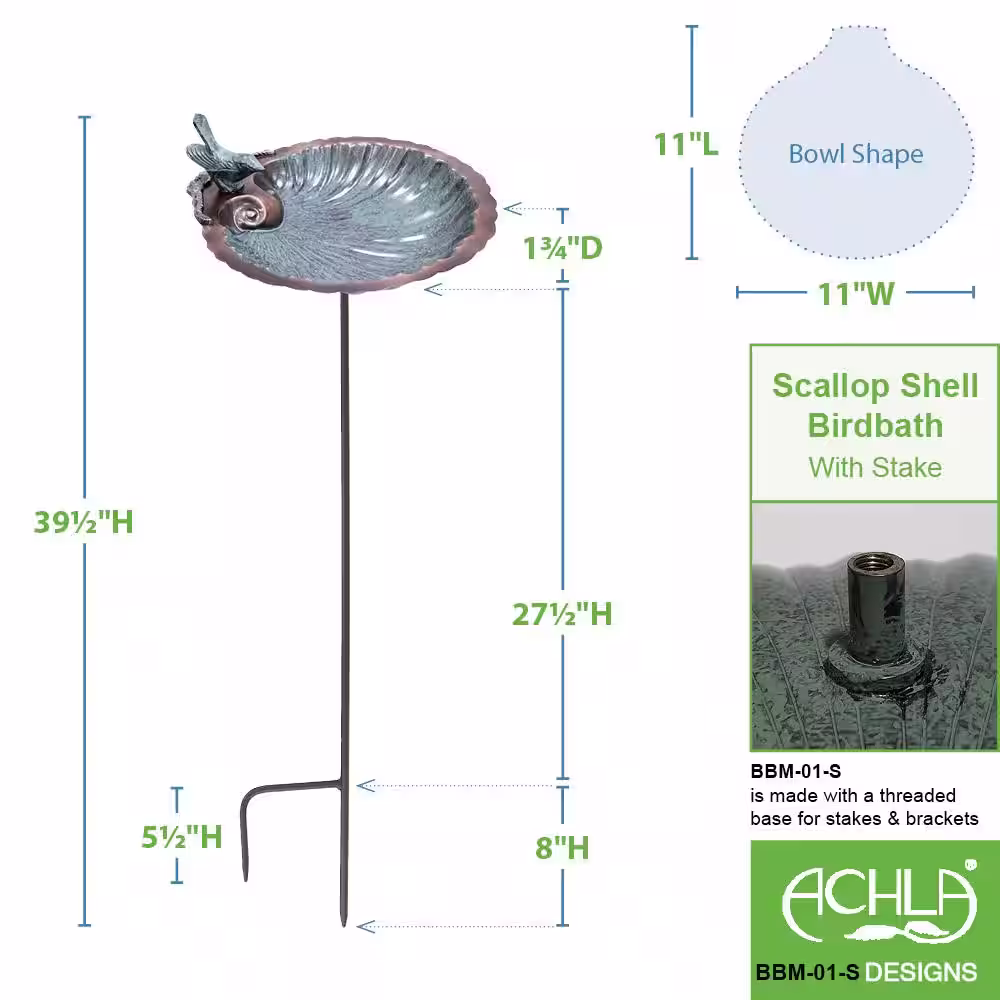Achla Designs 11 in. Tall Antique Brass Plated Scallop Shell Birdbath and Feeder with Stake