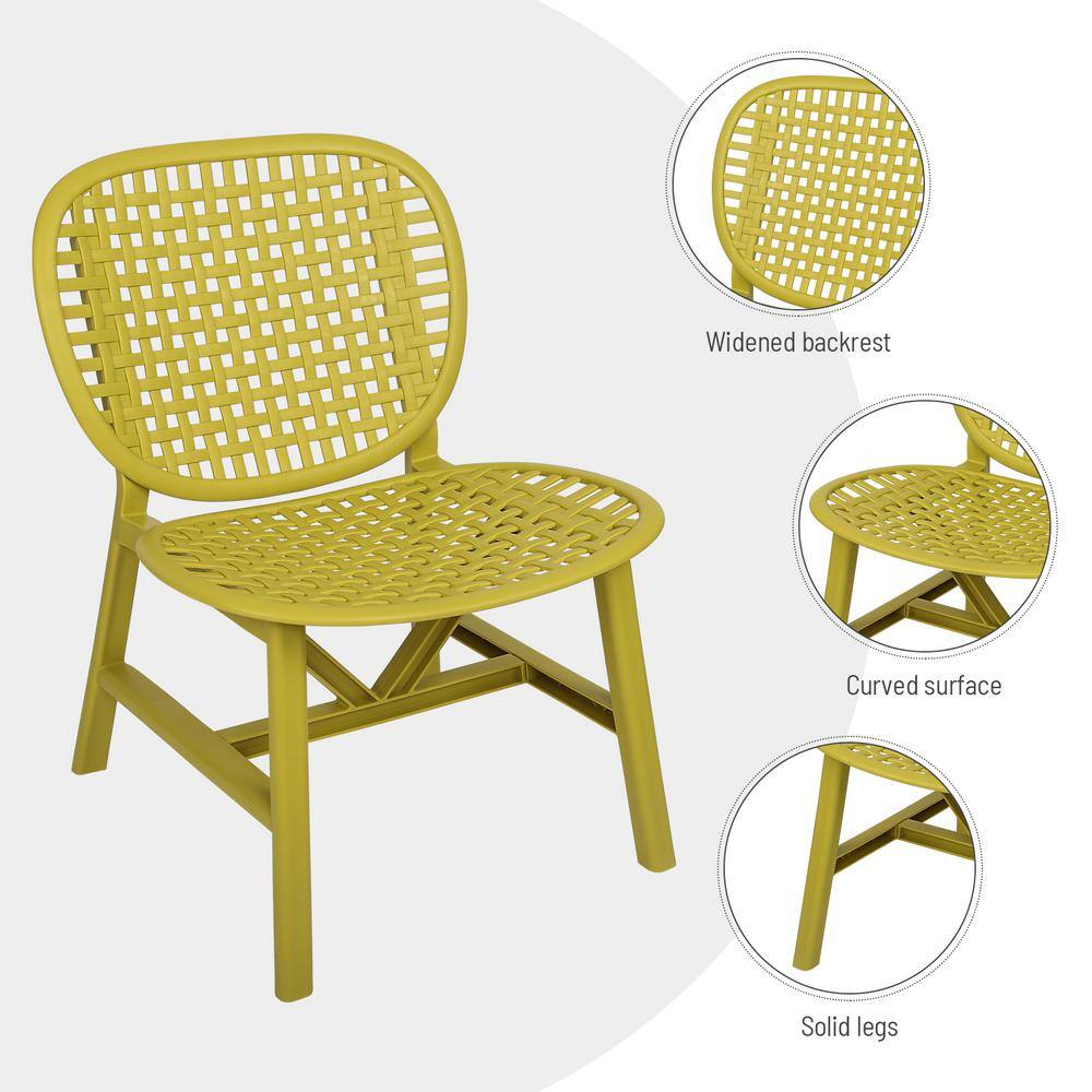 None Yellow 3-Pieces Hollow Design Plastic Patio Conversation Bistro Set with Open Shelf and Lounge Chairs with Widened Seat