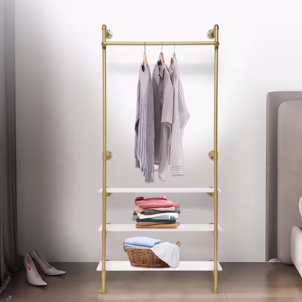 None Gold Wall Mounted Iron Clothes Rack with 3 Wood Shelves 36.6 in. W x 78.74 in. H