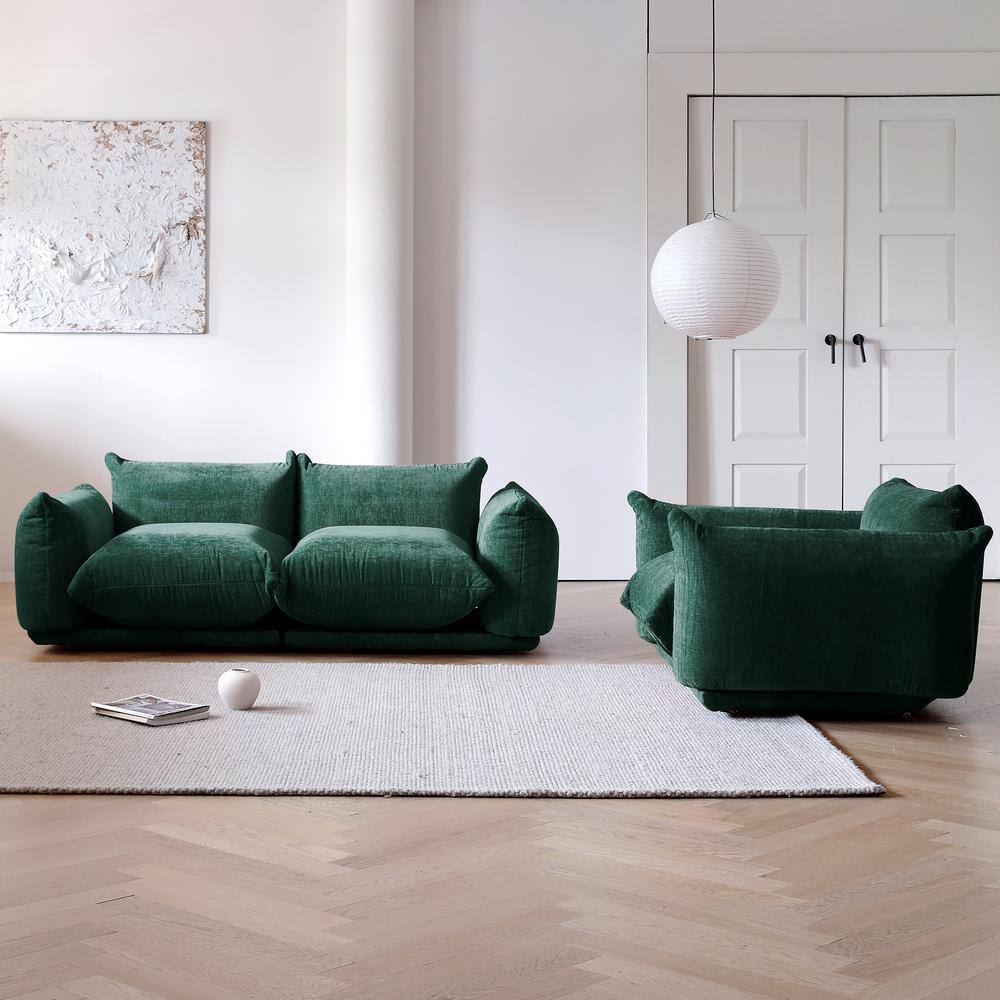 None 2-Pieces Flared Arm Wide Square Shape Chenille Top Green Sofa Couch Living Room Set (1-Seat Plus 2-Seats)