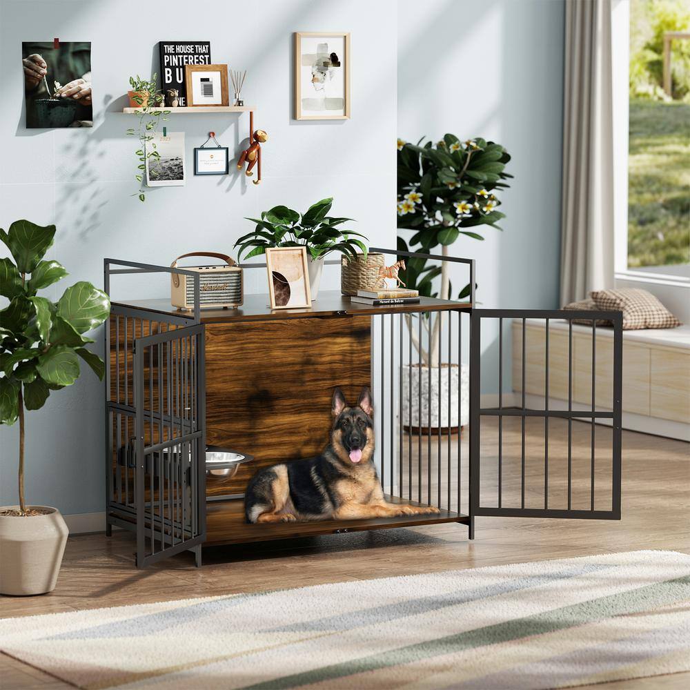 None Furniture Style Dog Crate with 2 Stainless Steel Bowls 48 in L x 30.3 in W x 43 in H Large