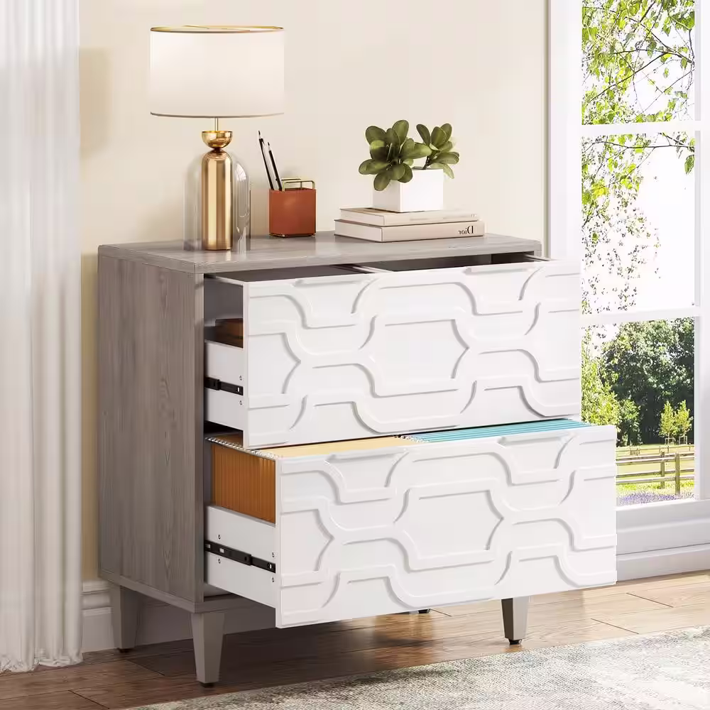 TRIBESIGNS WAY TO ORIGIN Cindy 2-Drawer White Gray 15.75 in. H x 31.5 in. W x 31.5 in. D Wood Lateral File Cabinet A4/Letter/Legal Size