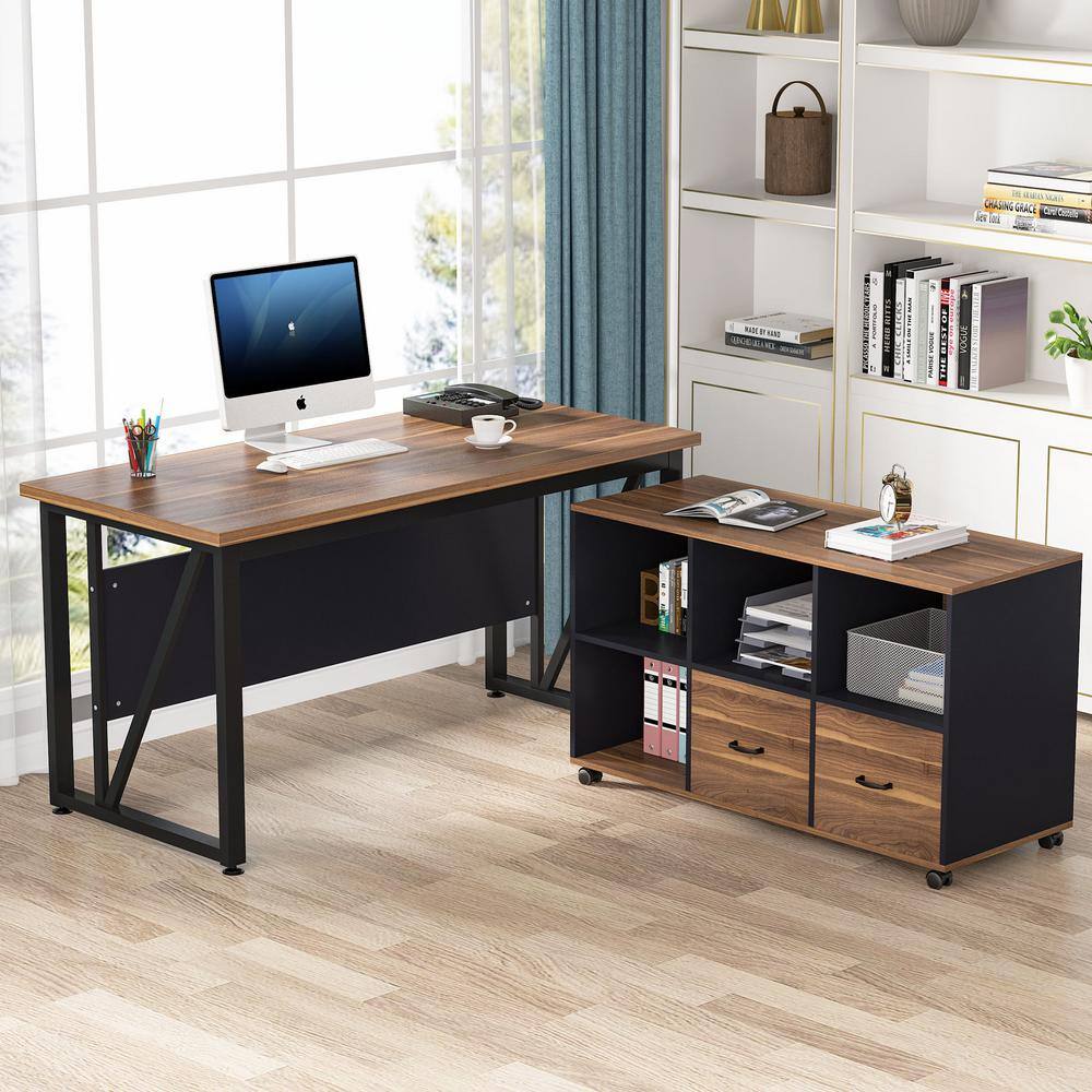 Tribesigns Lantz 55.1 in. L-Shaped Desk Brown Engineered Wood 2-Drawers Executive Desk with File Cabinet