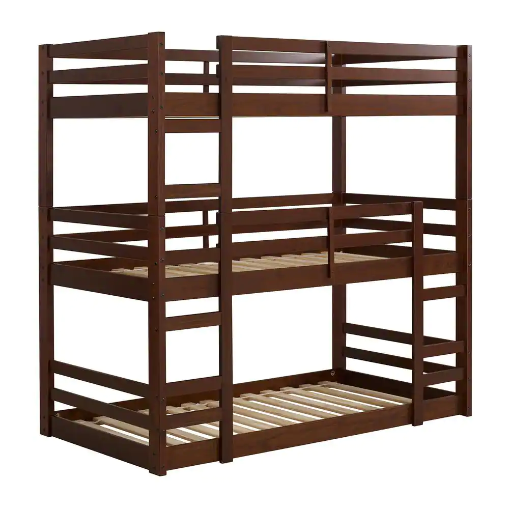 Walker Edison Furniture Company Transitional Solid Wood Triple Low Bunk Bed - Walnut