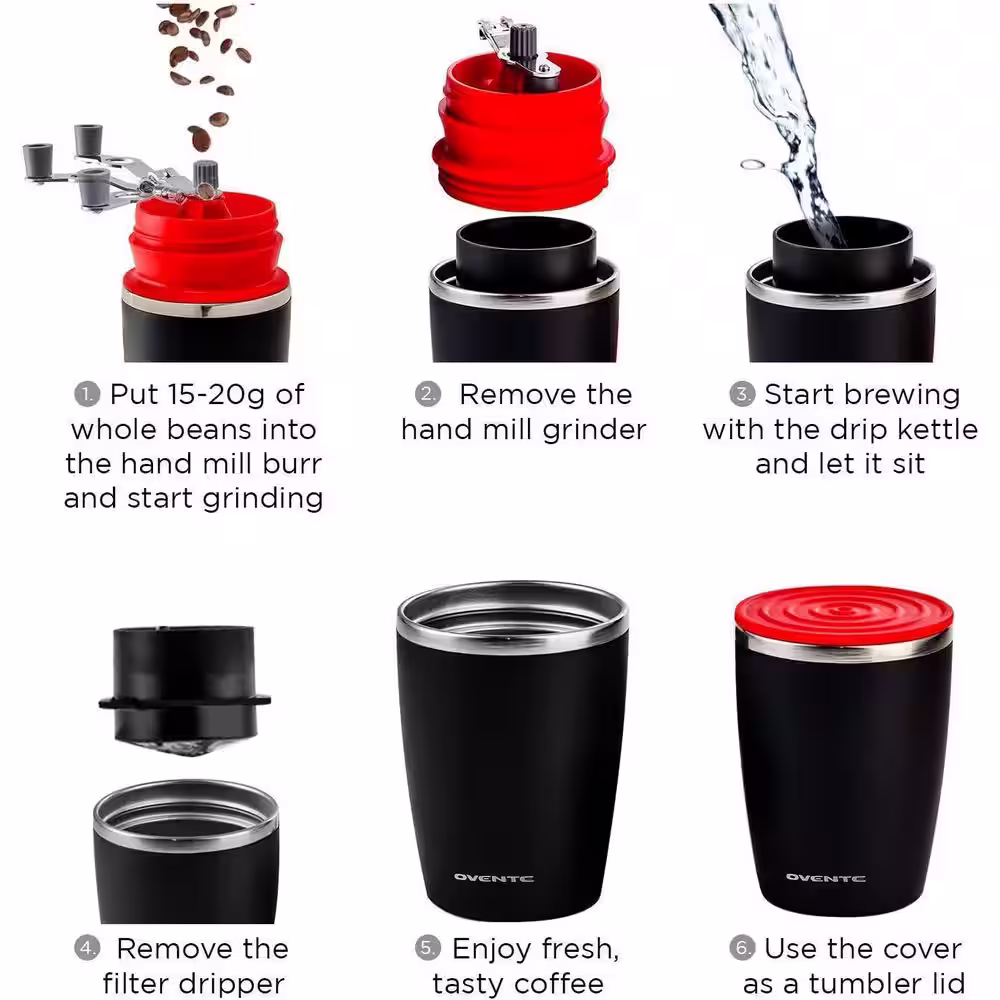 OVENTE Single Serve Red Coffee Grinder, 2-in-1 Carafe Coffee Maker Machine, With Insulated Cup