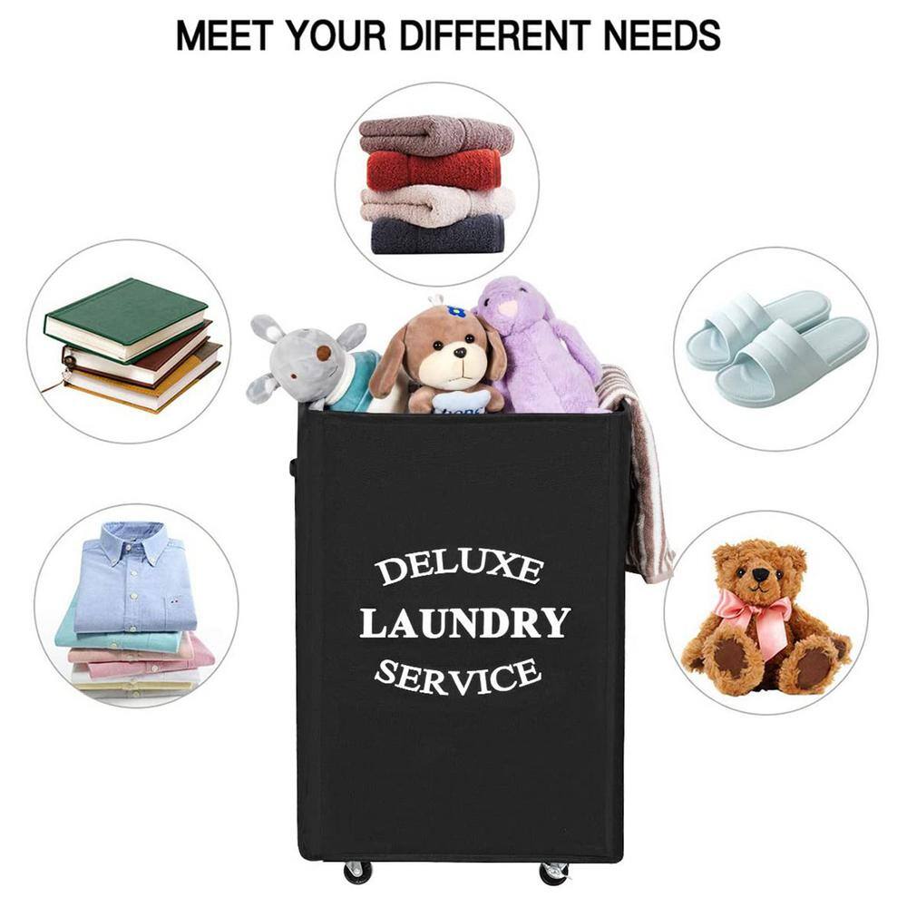 None 90L Fabric Laundry Basket Hamper with Black Wheels