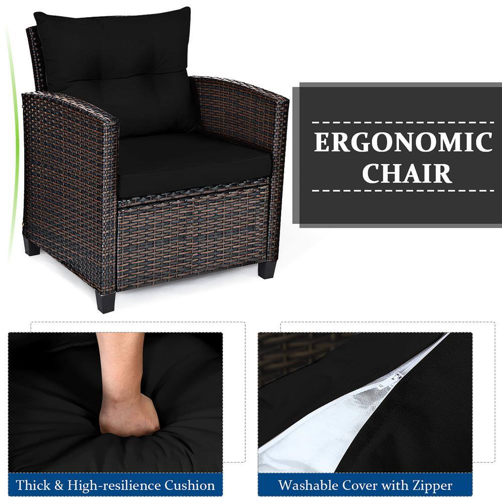 Costway Black 3-Piece Metal Brown Frame Patio Conversation with Black Cushions