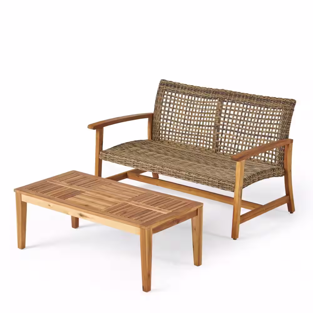 Noble House Hampton Natural 2-Piece Wood and Faux Rattan Patio Conversation Set
