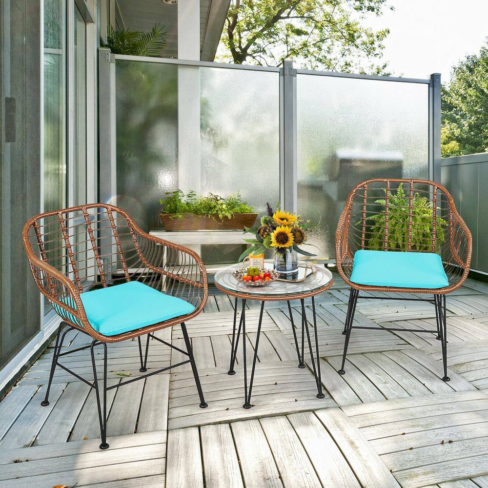 ANGELES HOME 3-Piece Wicker Rattan Outdoor Bistro Set with Turquoise Cushion