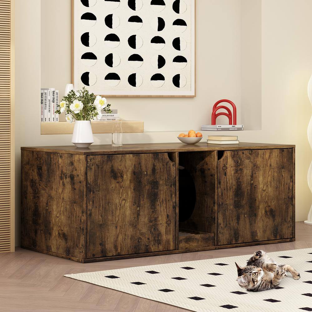 None Hidden Cat Litter Box Enclosure Furniture, Indoor Cat Washroom End Table with Double Room and Litter Catch, Tiger Skin