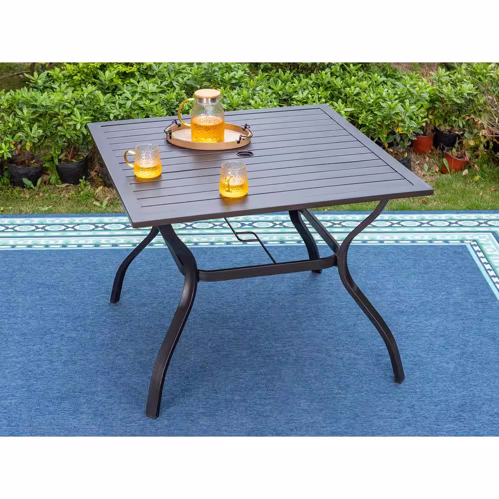 PHI VILLA Black 5-Piece Metal Outdoor Patio Dining Set with Slat Square Table and Swivel Chairs with Beige Cushions