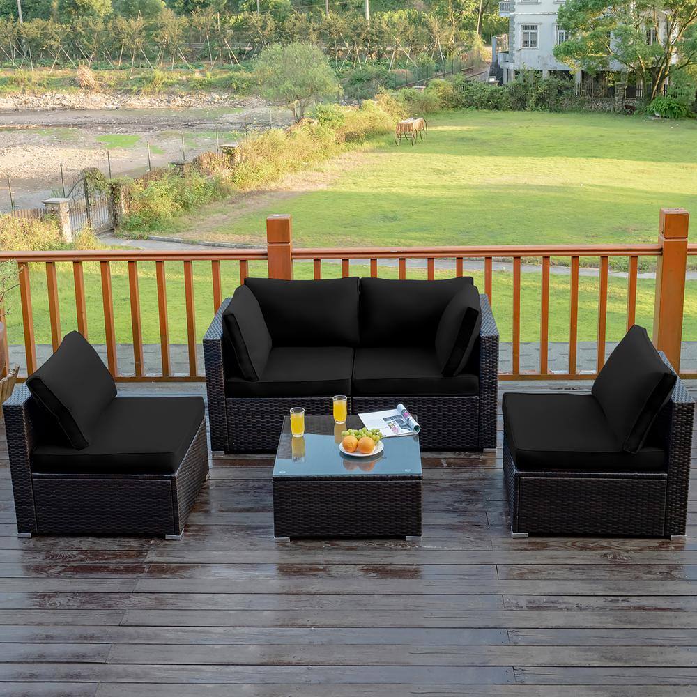 Costway Black 5-Piece Wicker Steel Patio Furniture Set with Black Cushions