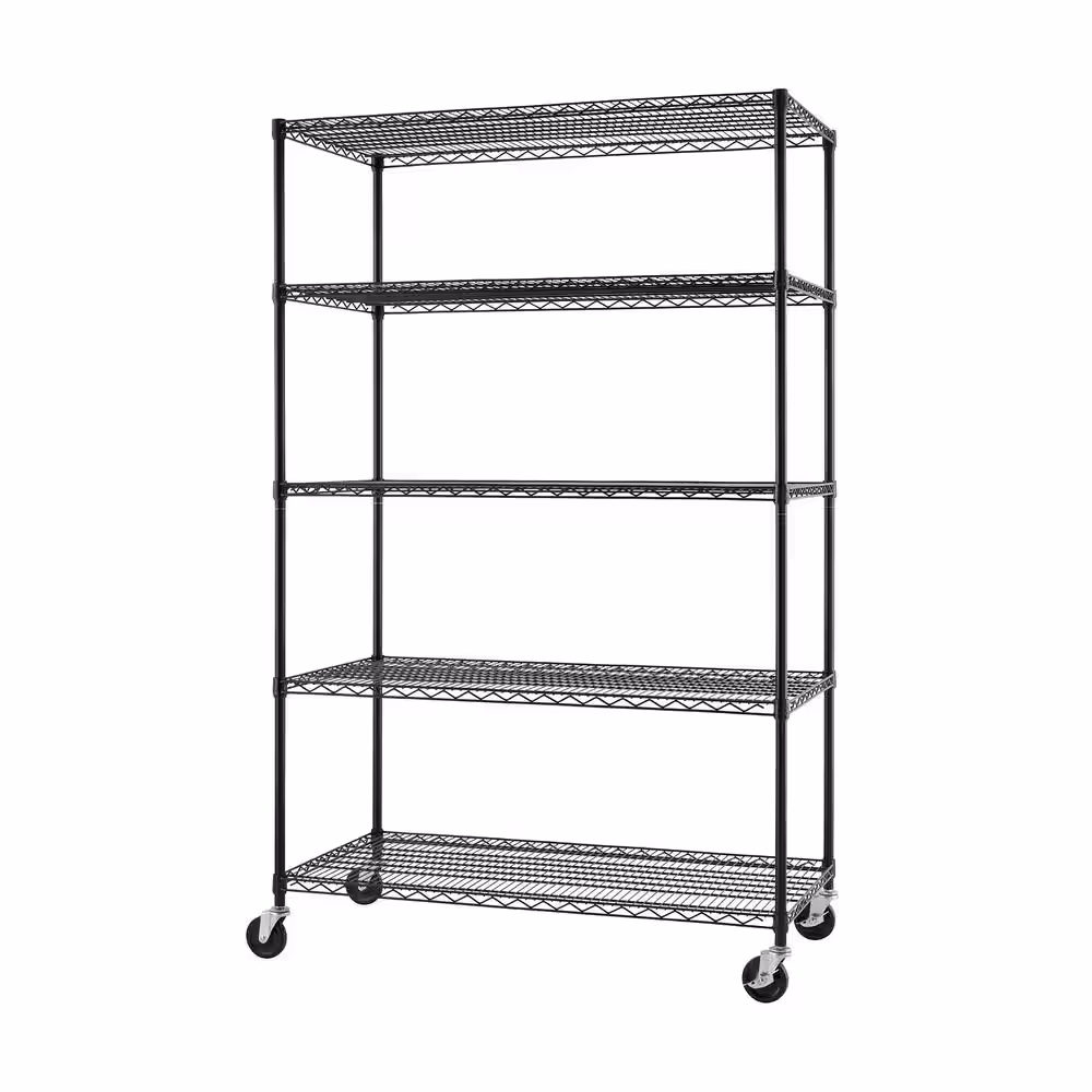TRINITY Black 5-Tier Rolling Steel Garage Storage Shelving Unit with Wheels (48 in. W x 77 in. H x 24 in. D)