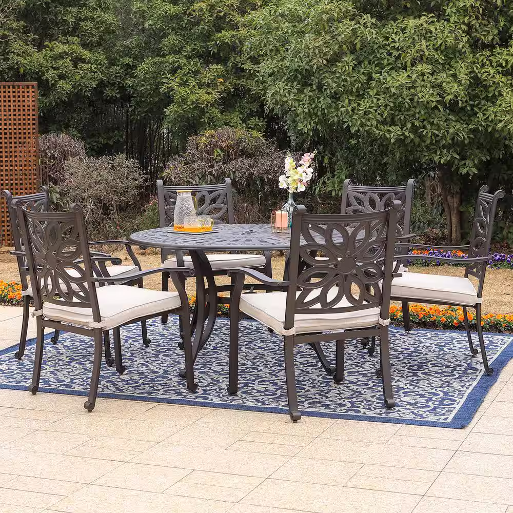 None Brown 7-Piece Cast Aluminum Patio Outdoor Dining Set with Round Table and Arm Chairs with Beige Cushion
