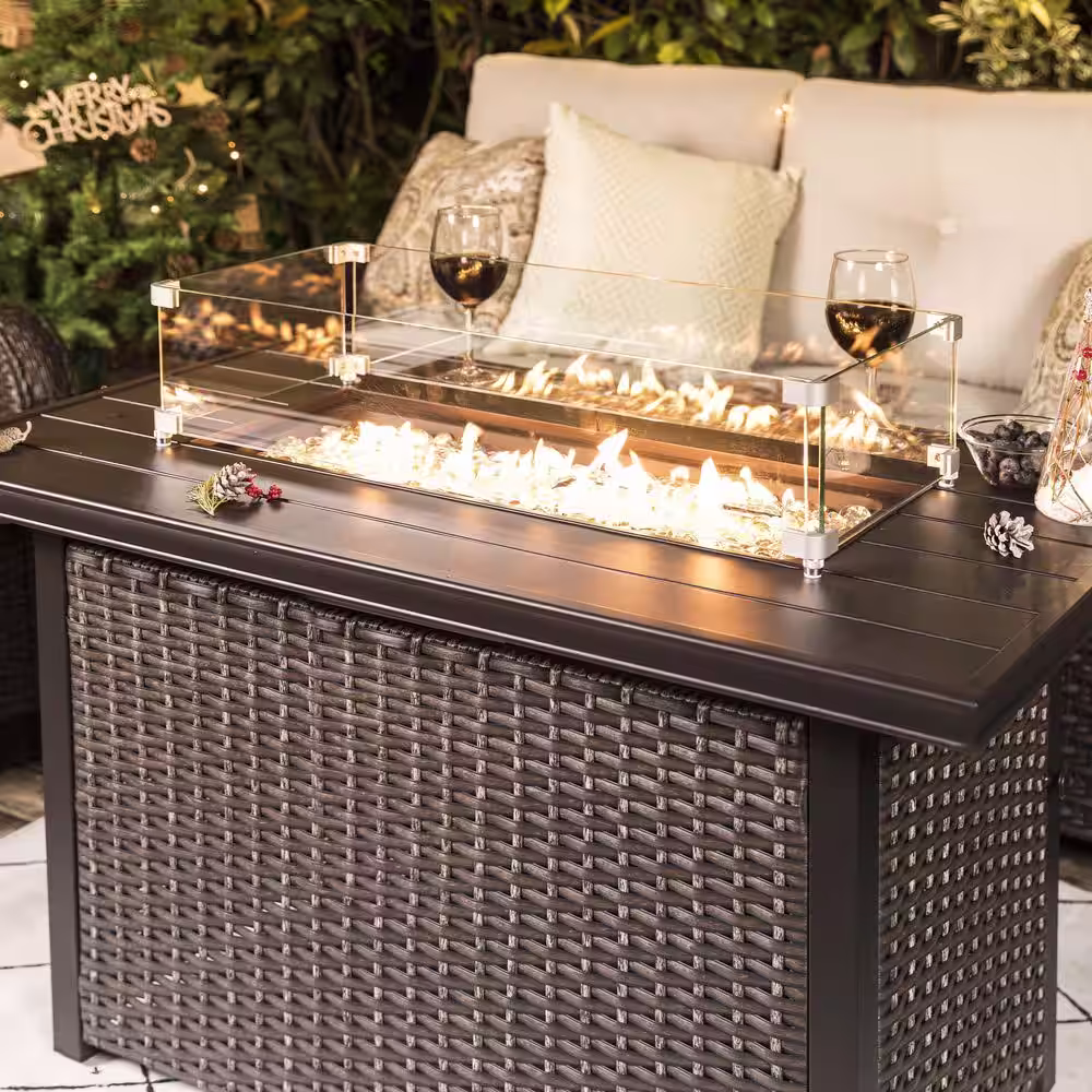Nuu Garden Brown 43 in. 50000 BTU Rectangular Aluminum Propane Outdoor Fire Pit Table with Glass Wind Guard Lid Fire Glass Beads