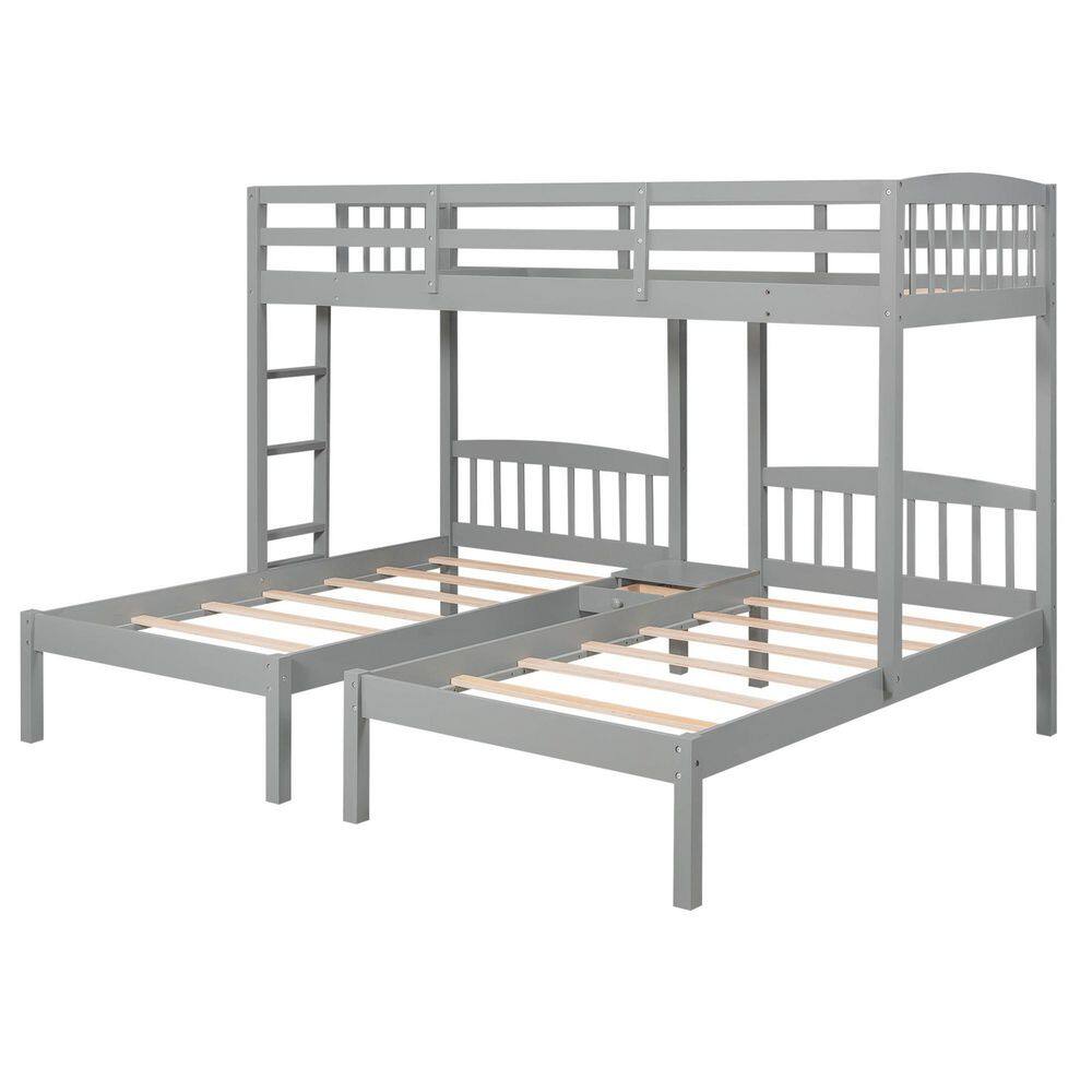 Qualler Gray Twin Over Twin and Twin Bunk Bed with Built-in Middle Drawer