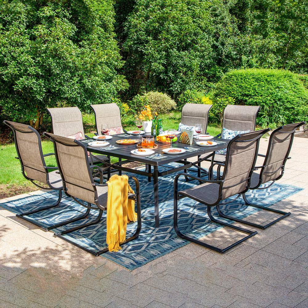 None Black 9-Piece Metal Outdoor Patio Dining Set with Slat Square Table and C-Spring Textilene Chairs