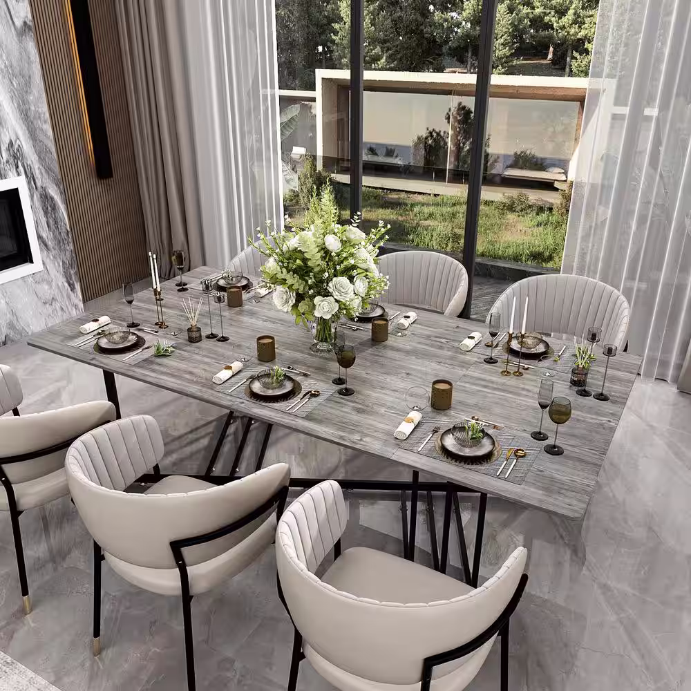 None Gray Grain Wood 94.4 in. W Metal Trestle Big Dining Table, Meeting Table Seat 6+, Legs Collapsible