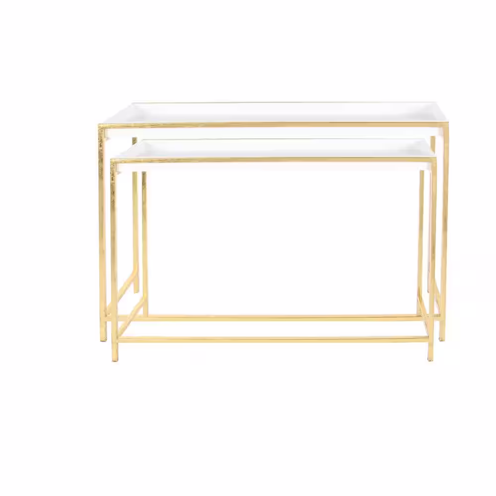 Litton Lane 40 in. White Extra Large Rectangle Wood Nesting Geometric Console Table with Gold Metal Legs (2- Pieces)