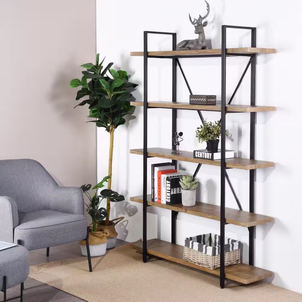 None 47.2 in. Wide Brown 5-Shelf Etagere Bookcase With Open Back