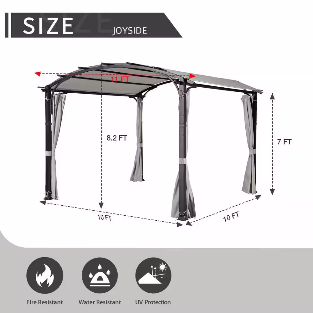 None 11 ft. x 11 ft. Black Steel Arched Pergola with Grey Curtain and Canopy
