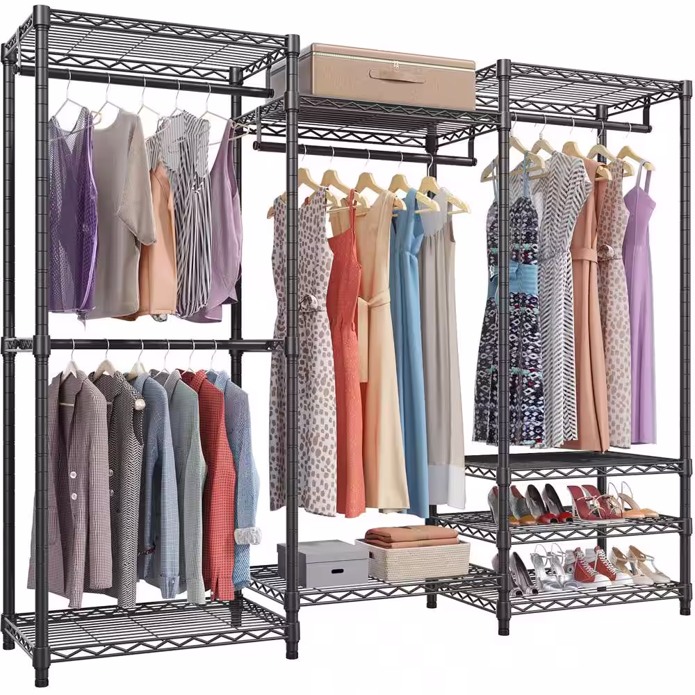 None Black Metal Heavy Duty Garment Clothes Rack 69 in. W x 76 in. H