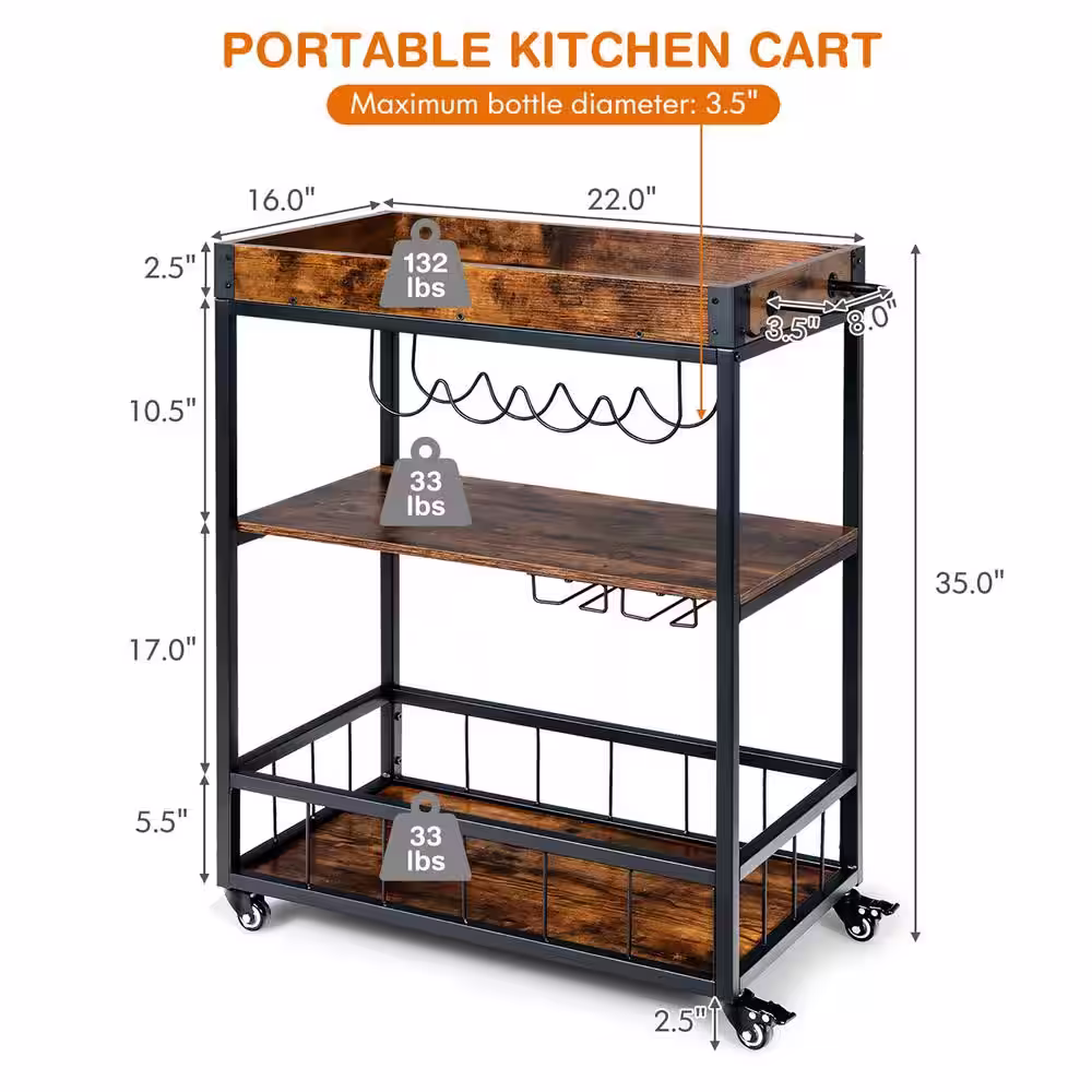 Costway Brown 3-Tier Rolling Kitchen Bar Cart Serving Trolley Wine Rack Removable Tray