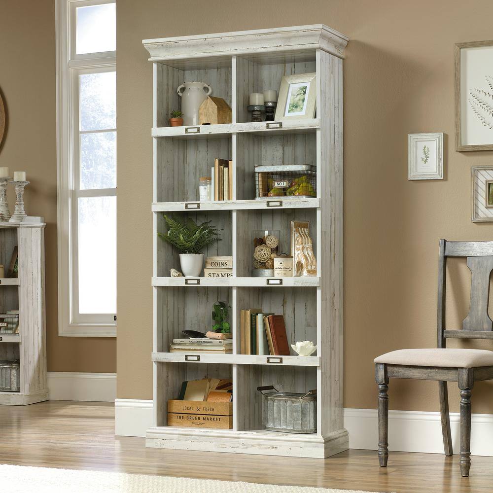 SAUDER 75 in. White Plank Faux Wood 10-shelf Standard Bookcase with Cubes