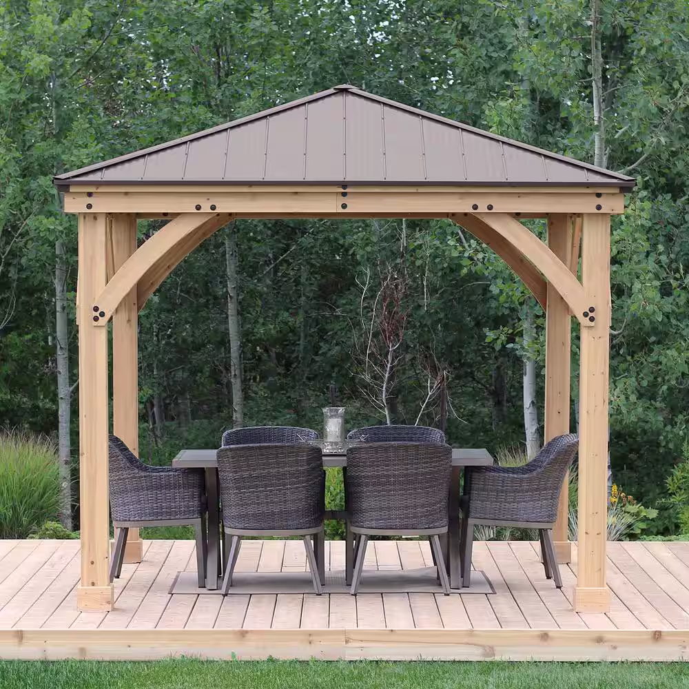 Yardistry Meridian 10 ft. x 10 ft. Premium Cedar Outdoor Patio Shade Gazebo with a 10 ft. Bar Counter and Brown Aluminum Roof