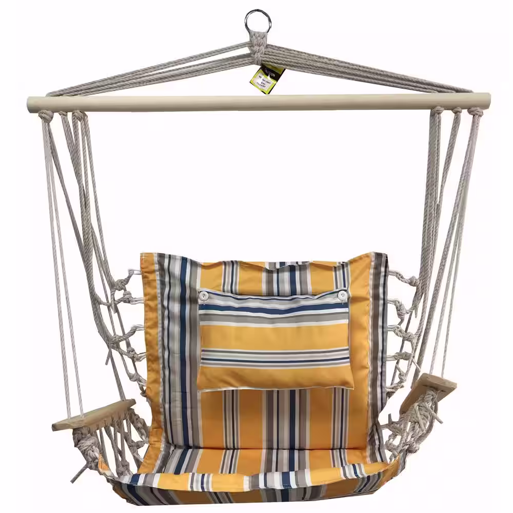 None 2.5 ft. Hammock Chair with Wooden Armrests in Yellow with Grey