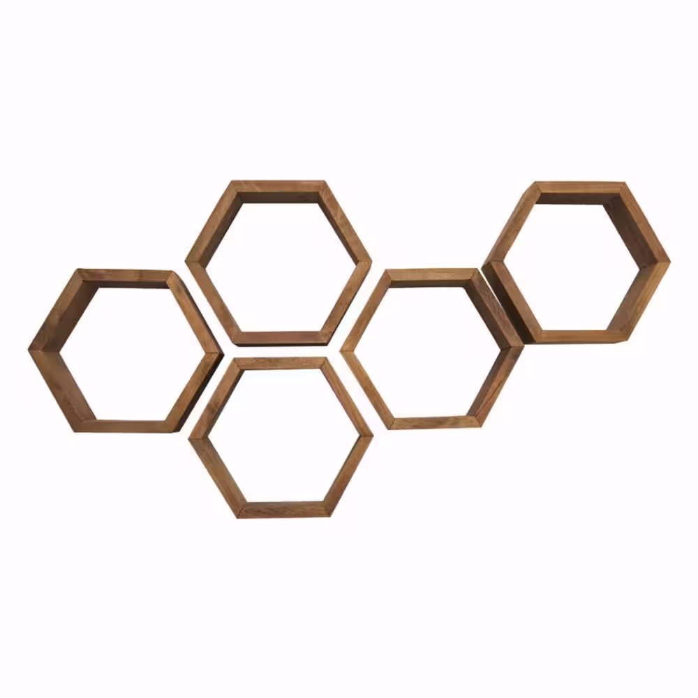 TRINITY Hexagon 4 in. x 11.75 in. x 10.13 in. Walnut Floating Wall Shelves 5-Pack