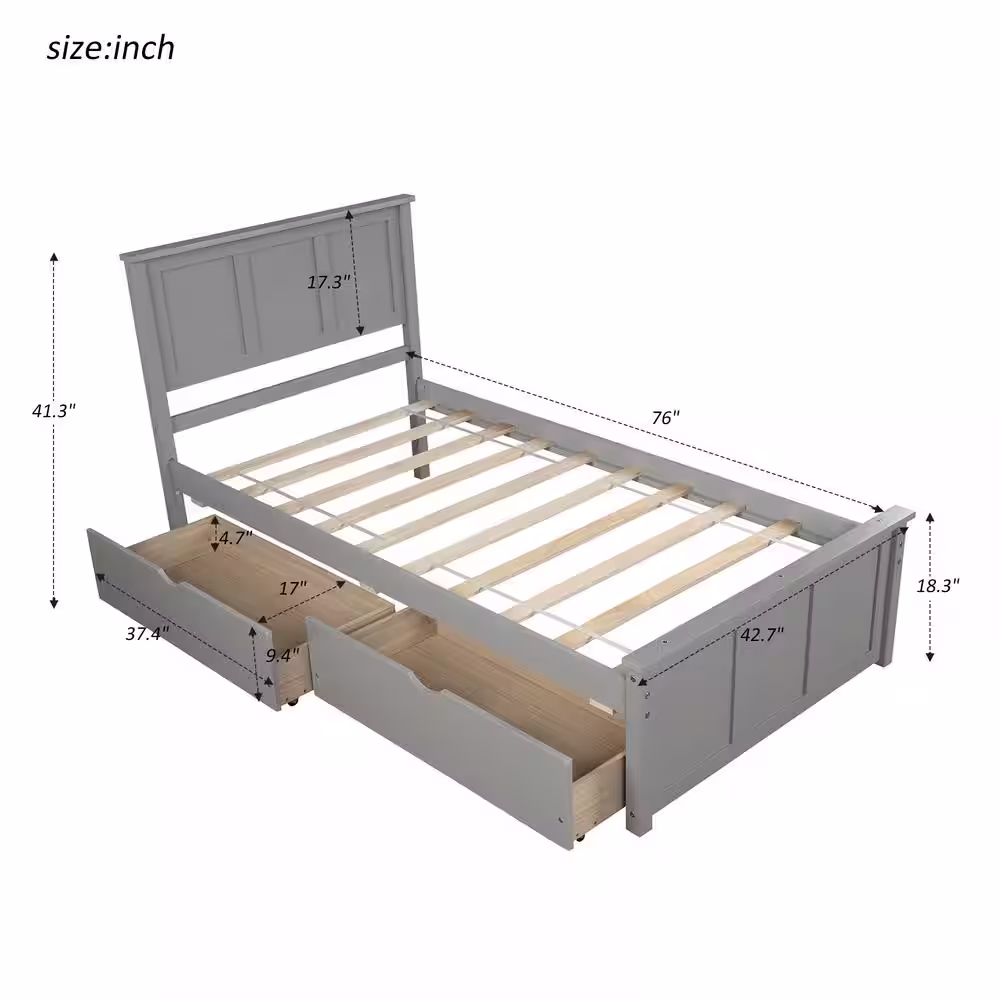 Harper & Bright Designs Gray Twin Size Platform Storage Bed with 2-Drawers
