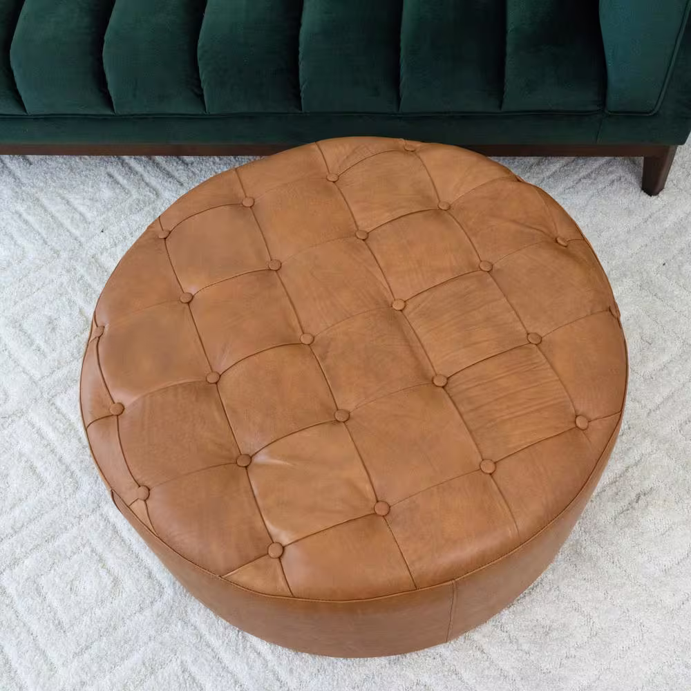 Ashcroft Furniture Co Tate Round Genuine Leather Ottoman in Tan Brown