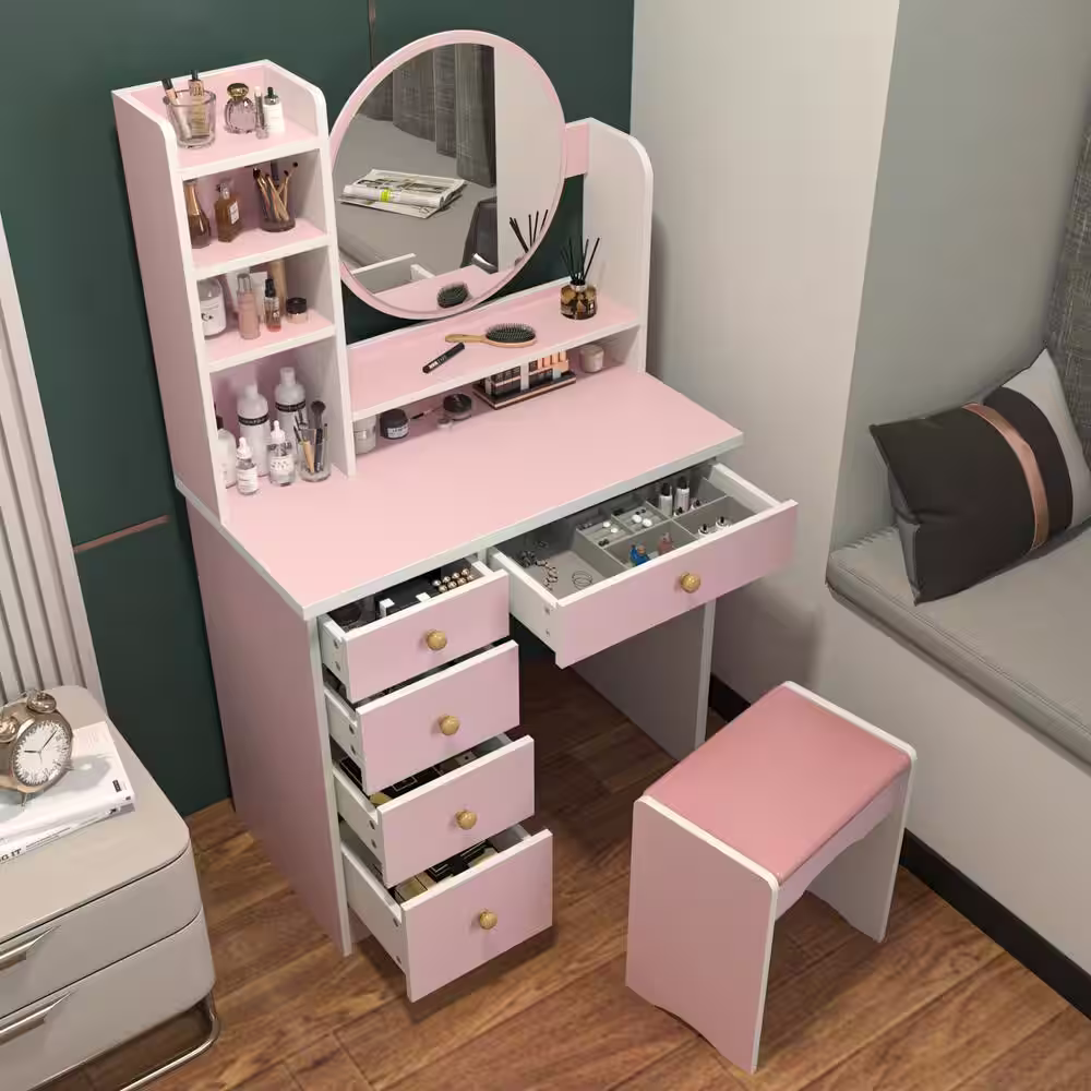 WIAWG 5-Drawers Pink Makeup Vanity Dressing Table Set with Stool, Mirror and Storage Shelves Girls Dressing Table
