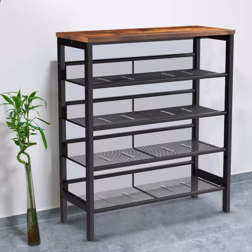 None 33.5 in. H 12-Pair Black Metal Frame Shoe Rack with Wooden Top