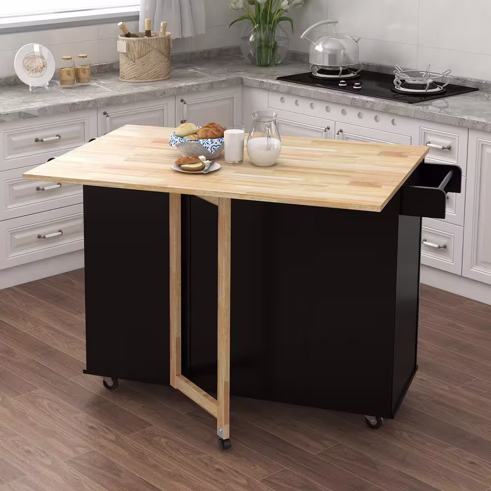 FAMYYT Black Rolling Solid Wood Tabletop 44 in. Kitchen Island