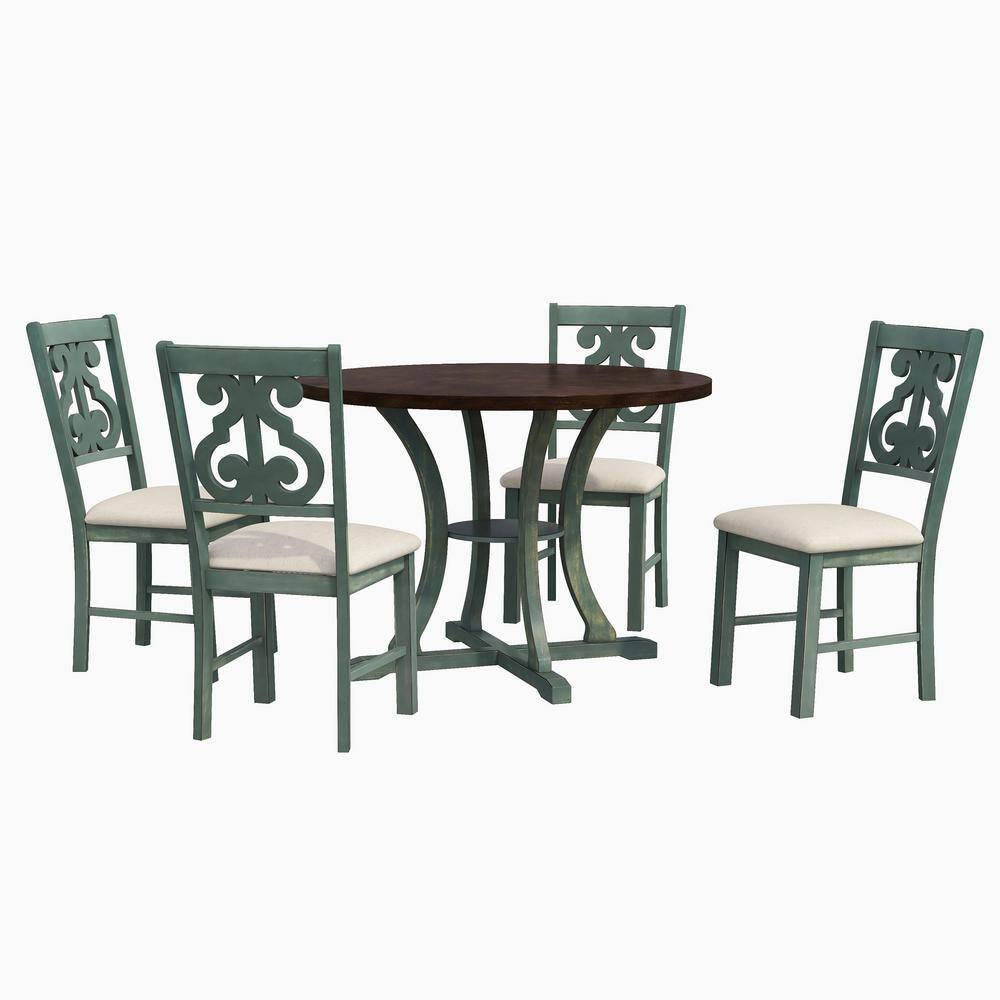 Harper & Bright Designs Exquisitely Designed 5-Piece Wood Top Greenish Antique Blue Dining Set with Special-shaped Legs and Hollow Chair Back